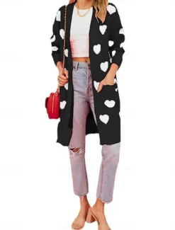 Women's Valentine Pink Sweater Cardigan Elegant Fashion Streetwear Heart V Neck Pocket Knitted Long Sleeve Long Tops Knit Outdoor Daily Weekend Black Pink Fall Winter