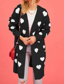 Women's Valentine Pink Sweater Cardigan Elegant Fashion Streetwear Heart V Neck Pocket Knitted Long Sleeve Long Tops Knit Outdoor Daily Weekend Black Pink Fall Winter