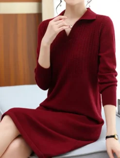 Women's Valentine Sweater Dress Plain Midi Dress Long Sleeve Shirt Collar Regular Fit Vacation Stylish Basic Casual Daily Red Blue Khaki Fall Winter