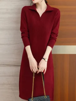 Women's Valentine Sweater Dress Plain Midi Dress Long Sleeve Shirt Collar Regular Fit Vacation Stylish Basic Casual Daily Red Blue Khaki Fall Winter