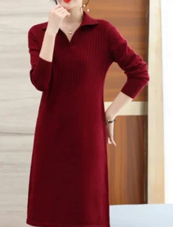 Women's Valentine Sweater Dress Plain Midi Dress Long Sleeve Shirt Collar Regular Fit Vacation Stylish Basic Casual Daily Red Blue Khaki Fall Winter