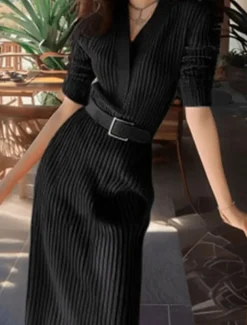 Women's Valentine Sweater Dress Plain Maxi Dress Long Sleeve V Neck Belted Regular Fit Vacation Daily Black White Red Spring Fall Winter