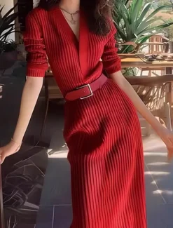 Women's Valentine Sweater Dress Plain Maxi Dress Long Sleeve V Neck Belted Regular Fit Vacation Daily Black White Red Spring Fall Winter