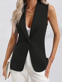 Women's Vest Blazer Comfortable Breathable Pocket OL Style Modern Plain Formal Office Street Casual Single Breasted Regular Turndown Regular Fit Sleeveless Outerwear Black Pink Summer Spring