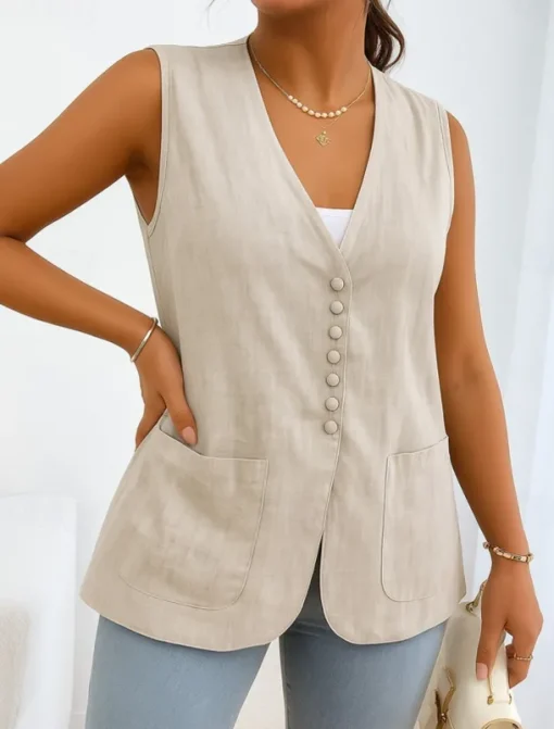 Women's Vest Comfortable Breathable Pocket Buttons Casual Plain Vacation Street Casual Daily Wear Single Breasted Short V Neck Regular Fit Sleeveless Outerwear White Khaki Beige Summer Spring
