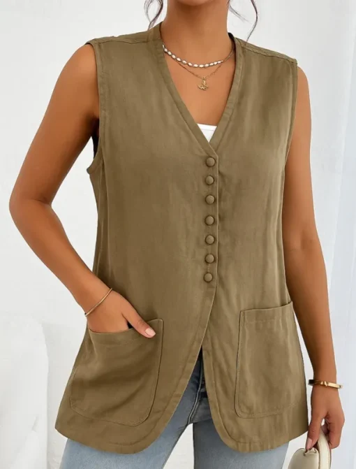 Women's Vest Comfortable Breathable Pocket Buttons Casual Plain Vacation Street Casual Daily Wear Single Breasted Short V Neck Regular Fit Sleeveless Outerwear White Khaki Beige Summer Spring
