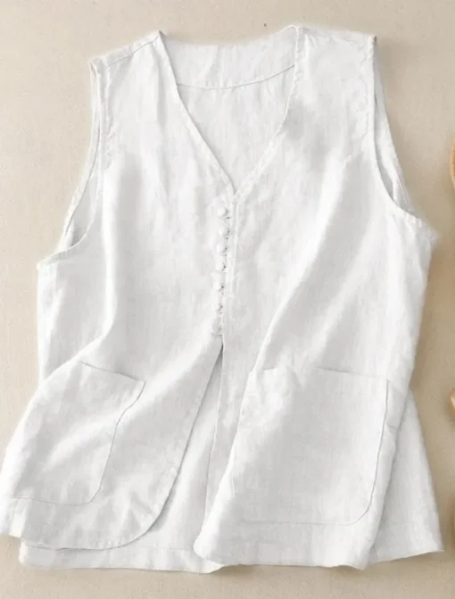 Women's Vest Comfortable Breathable Pocket Buttons Casual Plain Vacation Street Casual Daily Wear Single Breasted Short V Neck Regular Fit Sleeveless Outerwear White Khaki Beige Summer Spring