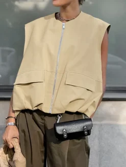 Women's Vest Comfortable Breathable Zipper Pocket Casual Plain Vacation Street Casual Daily Wear Zipper Short V Neck Regular Fit Sleeveless Outerwear Khaki Summer Spring