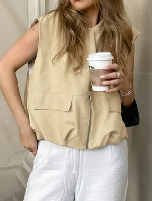 Women's Vest Comfortable Breathable Zipper Pocket Casual Plain Vacation Street Casual Daily Wear Zipper Short V Neck Regular Fit Sleeveless Outerwear Khaki Summer Spring