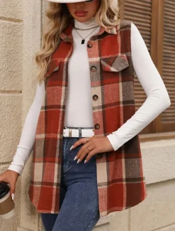 Women's Vest Outdoor Street Daily Wear Fall Winter Regular Coat Regular Fit Thermal Warm Breathable Stylish Casual Jacket Sleeveless Stripes and Plaid with Pockets Print Orange Green Khaki