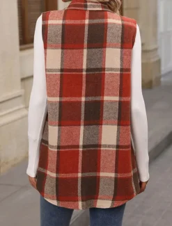 Women's Vest Outdoor Street Daily Wear Fall Winter Regular Coat Regular Fit Thermal Warm Breathable Stylish Casual Jacket Sleeveless Stripes and Plaid with Pockets Print Orange Green Khaki