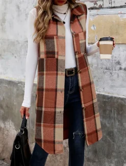 Women's Vest Outdoor Street Daily Wear Fall Winter Long Coat Regular Fit Thermal Warm Breathable Stylish Casual Jacket Sleeveless Stripes and Plaid with Pockets Coffee