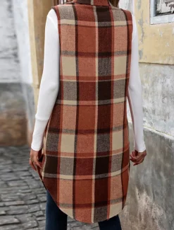 Women's Vest Outdoor Street Daily Wear Fall Winter Long Coat Regular Fit Thermal Warm Breathable Stylish Casual Jacket Sleeveless Stripes and Plaid with Pockets Coffee