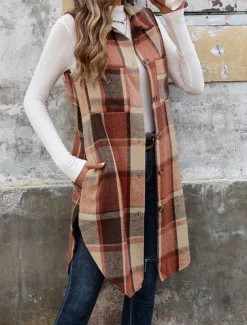 Women's Vest Outdoor Street Daily Wear Fall Winter Long Coat Regular Fit Thermal Warm Breathable Stylish Casual Jacket Sleeveless Stripes and Plaid with Pockets Coffee