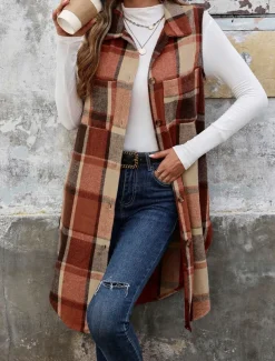Women's Vest Outdoor Street Daily Wear Fall Winter Long Coat Regular Fit Thermal Warm Breathable Stylish Casual Jacket Sleeveless Stripes and Plaid with Pockets Coffee