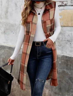 Women's Vest Outdoor Street Daily Wear Fall Winter Long Coat Regular Fit Thermal Warm Breathable Stylish Casual Jacket Sleeveless Stripes and Plaid with Pockets Coffee