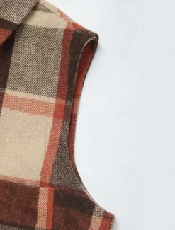 Women's Vest Outdoor Street Daily Wear Fall Winter Long Coat Regular Fit Thermal Warm Breathable Stylish Casual Jacket Sleeveless Stripes and Plaid with Pockets Coffee