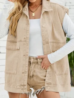 Women's Vest Outdoor Street Daily Wear Fall Winter Regular Coat Regular Fit Thermal Warm Breathable Stylish Casual Jacket Sleeveless Plain with Pockets Black Blue Khaki