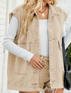 Women's Vest Outdoor Street Daily Wear Fall Winter Regular Coat Regular Fit Thermal Warm Breathable Stylish Casual Jacket Sleeveless Plain with Pockets Black Blue Khaki