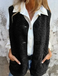 Women's Vest Outdoor Street Daily Fall Winter Regular Coat Regular Fit Warm Breathable Comtemporary Stylish Jacket Sleeveless Solid Color with Pockets Black Red Coffee