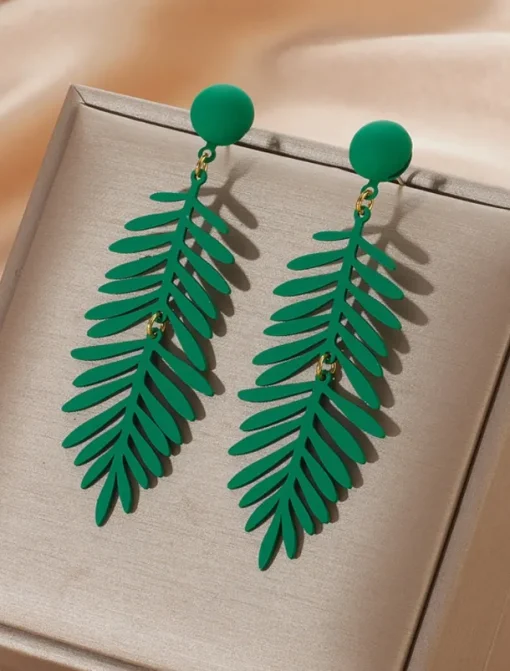 Women's Vibrant Green Leaf Drop Earrings - Acrylic Statement Jewelry, Lightweight Design