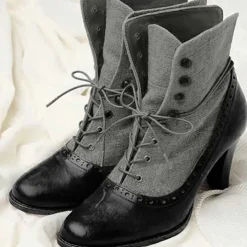 Women's Victorian Lace-Up Ankle Boots with Vintage Brogue Detailing – Faux Leather and Fabric High Heel Boots for Retro Fashion