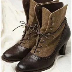 Women's Victorian Lace-Up Ankle Boots with Vintage Brogue Detailing – Faux Leather and Fabric High Heel Boots for Retro Fashion
