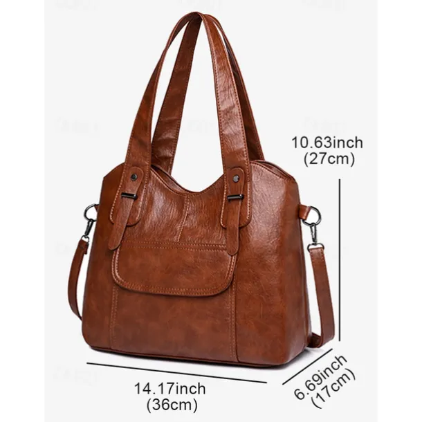 Women's Vintage Brown Faux Leather Tote Bag with Dual Handles and Adjustable Crossbody Strap – Spacious and Stylish for Everyday Use