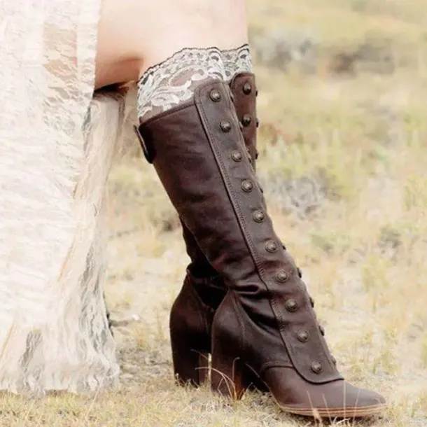 Women's Vintage Brown Knee-High Leather Boots with Button Detailing and Block Heel - Perfect for Outdoor Adventures and Country Chic Style