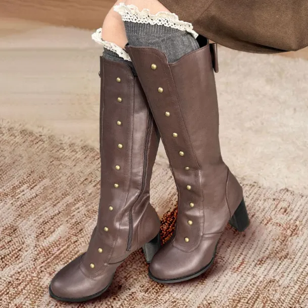 Women's Vintage Brown Knee-High Leather Boots with Button Detailing and Block Heel - Perfect for Outdoor Adventures and Country Chic Style