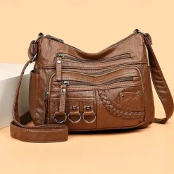 Women's Vintage Faux Leather Crossbody Bag with Multiple Zipper Pockets – Casual Shoulder Handbag for Everyday Use