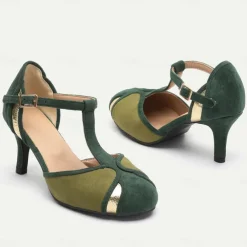 Women's Vintage Green & Gold Suede T-Strap Heels, Retro-Inspired Fashion Shoes for Special Occasions and Everyday Elegance