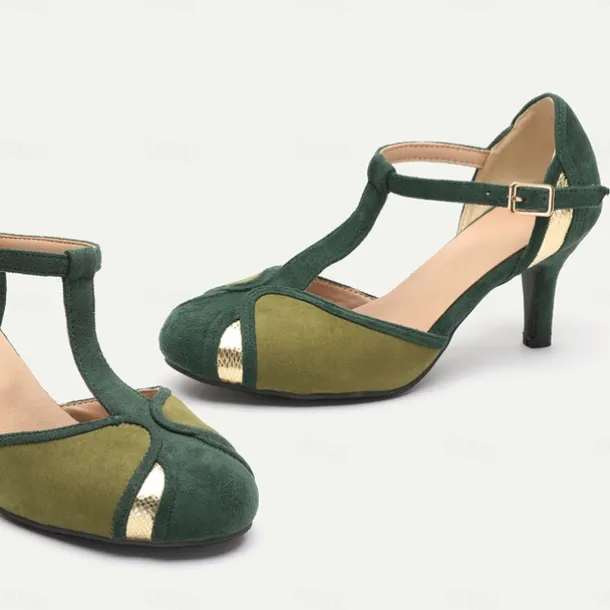 Women's Vintage Green & Gold Suede T-Strap Heels, Retro-Inspired Fashion Shoes for Special Occasions and Everyday Elegance