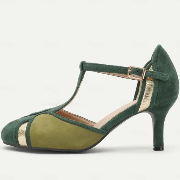 Women's Vintage Green & Gold Suede T-Strap Heels, Retro-Inspired Fashion Shoes for Special Occasions and Everyday Elegance