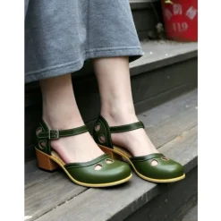 Women's Vintage Green Mary Jane Faux Leather Heels with Cutout Design and Adjustable Strap – Comfortable Retro Block Heel Shoes for Casual and Formal Occasions