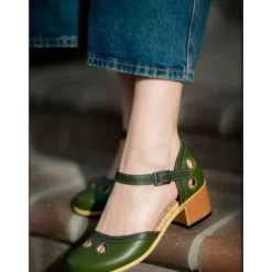 Women's Vintage Green Mary Jane Faux Leather Heels with Cutout Design and Adjustable Strap – Comfortable Retro Block Heel Shoes for Casual and Formal Occasions