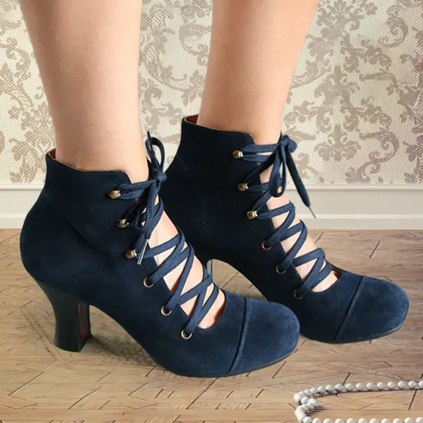Women's Vintage Lace-Up Ankle Boots – Retro Suede High Heel Victorian Booties for Parties, Weddings, or Cosplay
