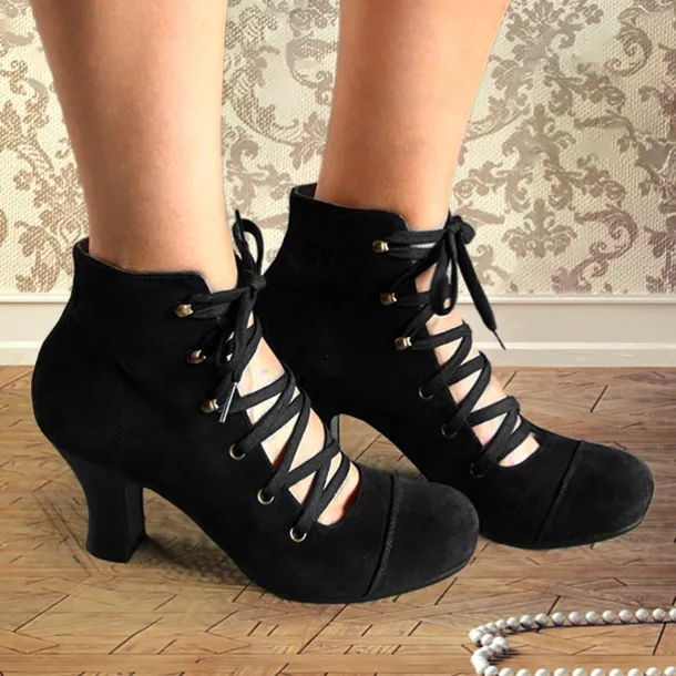 Women's Vintage Lace-Up Ankle Boots – Retro Suede High Heel Victorian Booties for Parties, Weddings, or Cosplay