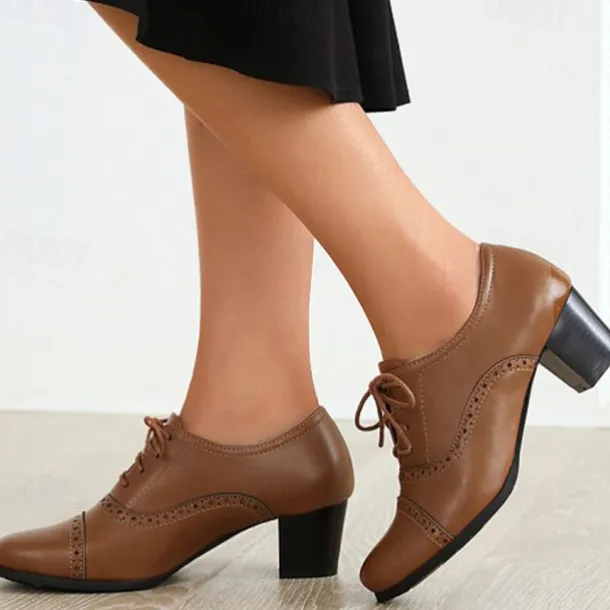 Women's Vintage Oxford Heeled Shoes – Lace-Up Brogue Pumps for Office, Formal & Daily Wear