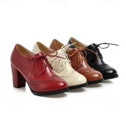 Women's Vintage Oxford Heels – Lace-Up Brogue Chunky Heel Dress Shoes for Work, Office, and Casual Wear