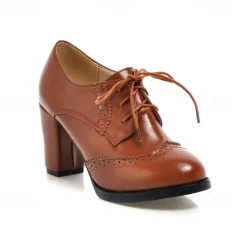 Women's Vintage Oxford Heels – Lace-Up Brogue Chunky Heel Dress Shoes for Work, Office, and Casual Wear