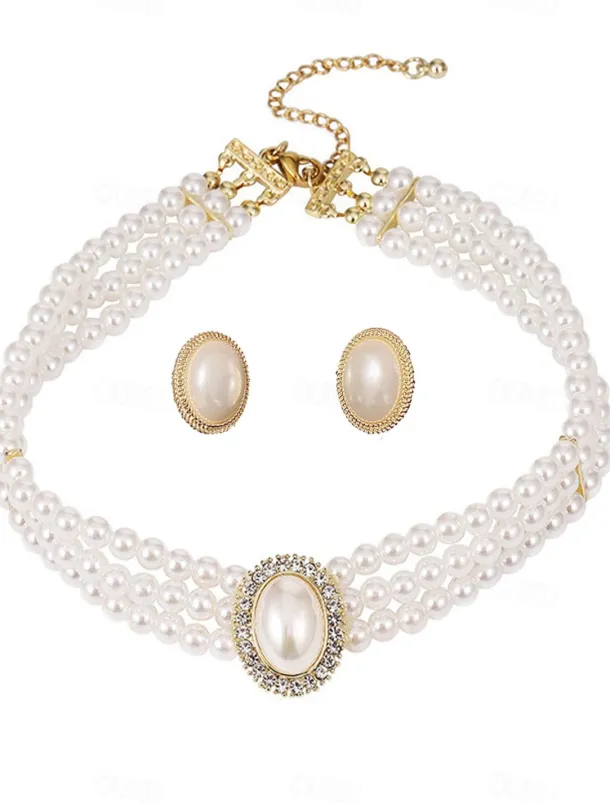 Women's Vintage Pearl Choker Necklace Set with Rhinestone Pendant – Elegant Layered Pearl Jewelry for Weddings and Formal Events