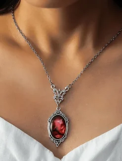 Women's Vintage Red Gemstone Pendant Necklace – Elegant Antique Design for Formal Events and Daily Wear