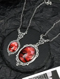 Women's Vintage Red Gemstone Pendant Necklace – Elegant Antique Design for Formal Events and Daily Wear