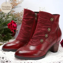 Women's Vintage Red Leather Ankle Boots – Premium Cowhide with Floral Button Accents and Chunky Heel for Retro Style and Everyday Wear