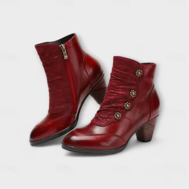 Women's Vintage Red Leather Ankle Boots – Premium Cowhide with Floral Button Accents and Chunky Heel for Retro Style and Everyday Wear