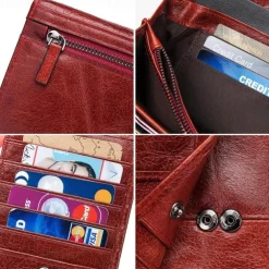 Women's Vintage Red Leather RFID-Blocking Wallet - Multi-Compartment Clutch with Card Slots, Coin Pocket, and ID Window for Everyday and Travel Use
