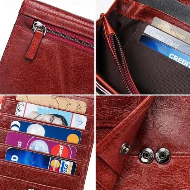 Women's Vintage Red Leather RFID-Blocking Wallet - Multi-Compartment Clutch with Card Slots, Coin Pocket, and ID Window for Everyday and Travel Use