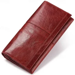 Women's Vintage Red Leather RFID-Blocking Wallet - Multi-Compartment Clutch with Card Slots, Coin Pocket, and ID Window for Everyday and Travel Use