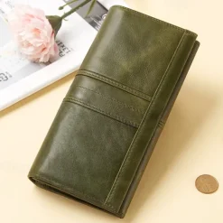 Women's Vintage Red Leather RFID-Blocking Wallet - Multi-Compartment Clutch with Card Slots, Coin Pocket, and ID Window for Everyday and Travel Use